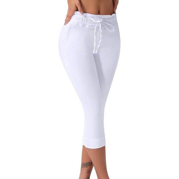Pants - Women's Stretchy High Waisted Capri Jeans with Drawstring Size Large